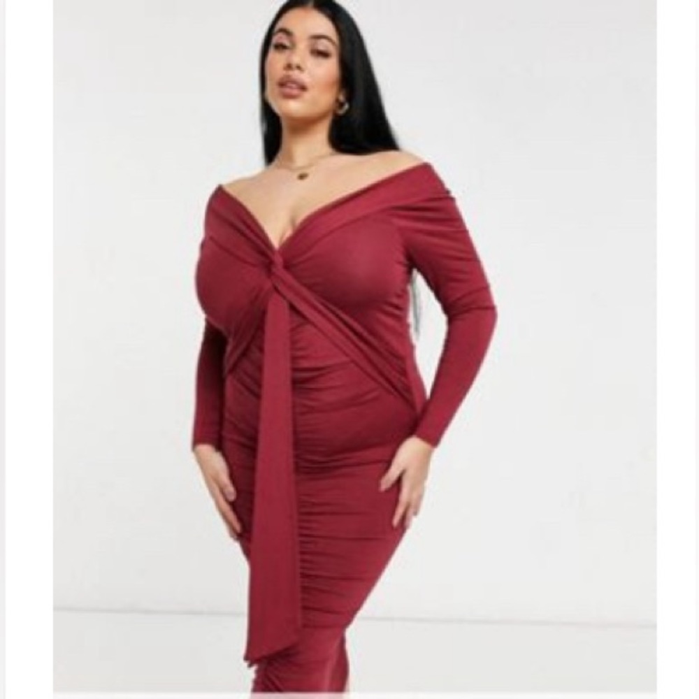 ASOS Curve Bardot Long Sleeve Dress with Sash Detail